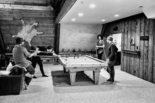 Richard Permin, Victor De La Rue, Antoine Frioux, Greco Compi, Aรฏssam Dabbaoui hanging out at Silvertip Lodge